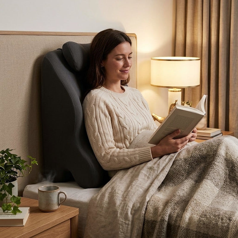 Assise dans son lit, elle lit adossée au coussin debout contre la tête de lit