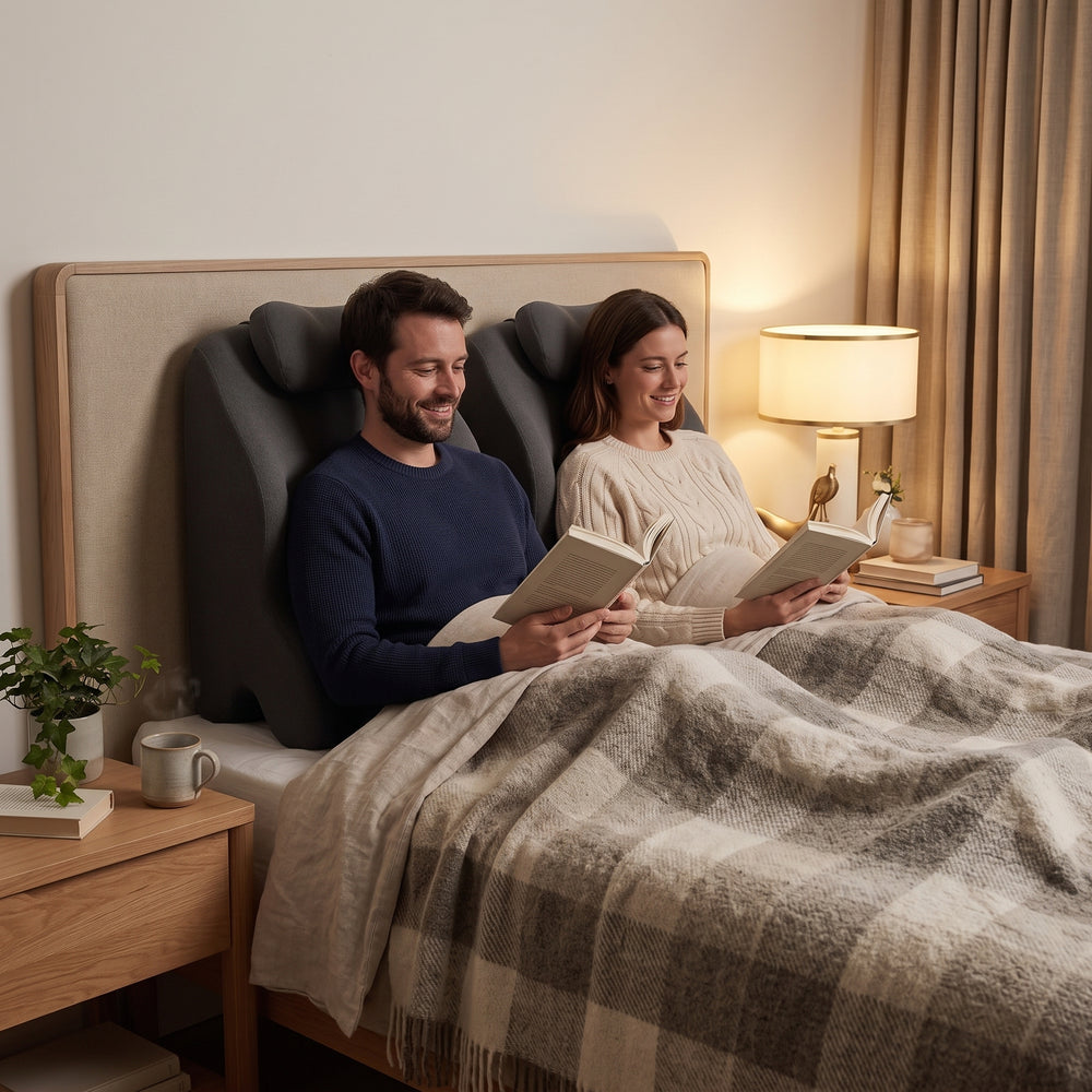 Un couple lit au lit, chacun adossé à son coussin
