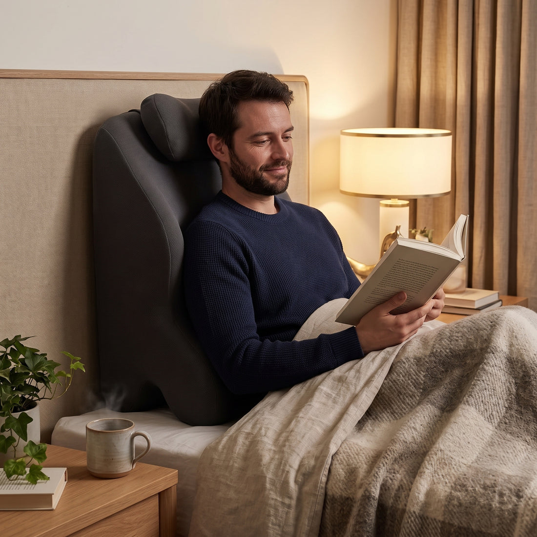 Un lecteur adossé au coussin