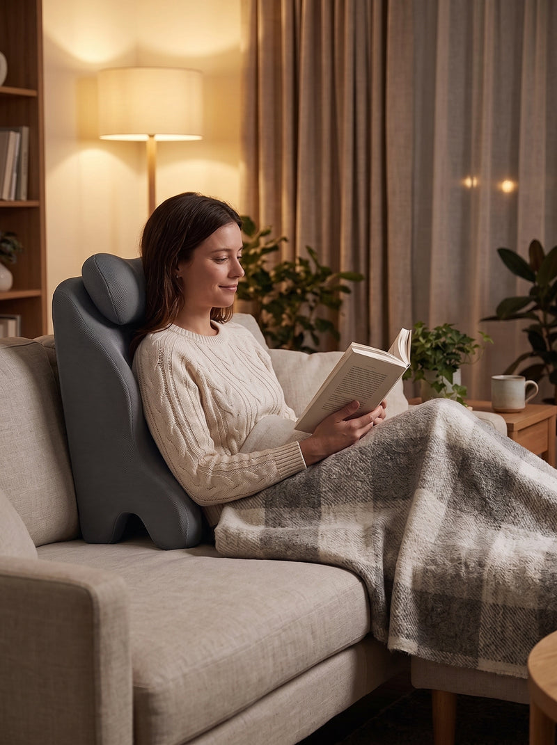 Dans le canapé, elle lit avec le coussin calé dans le dos