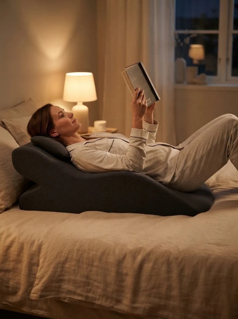 Allongée sur le dos sur le coussin, de la tête au bas du dos, elle lit
